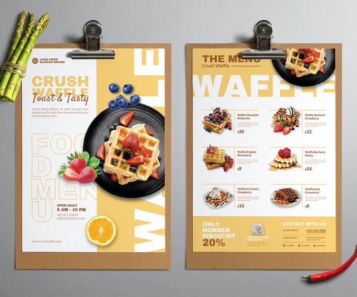 two menus with different types of waffles and fruit on them, next to each other