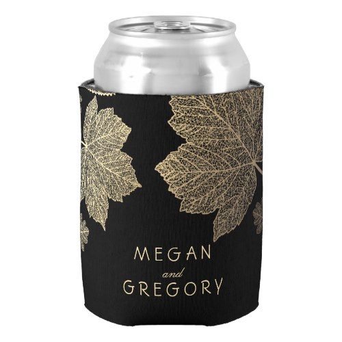 a can cooler with leaves on it and the words, megan and greoy