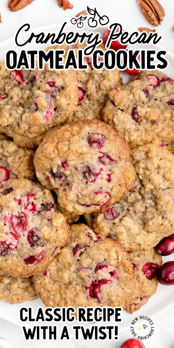 cranberry pecan oatmeal cookies recipe on a white plate with text overlay