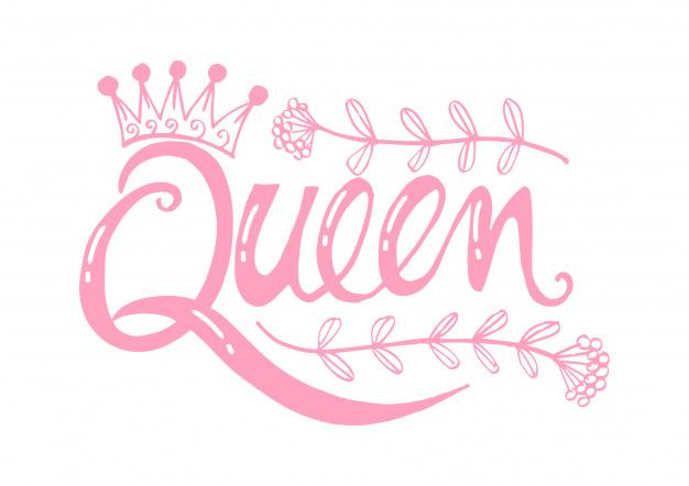 the word queen with a crown on it's head and leaves around its neck