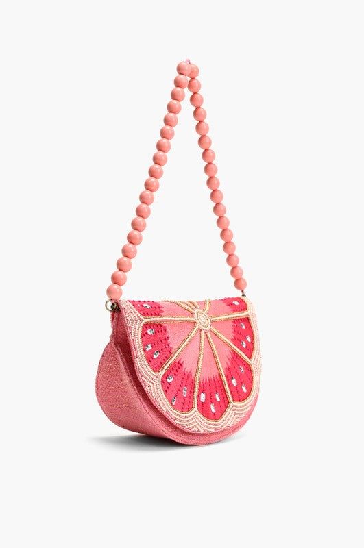 This elegant Pink Mellon Bag features a unique half moon shape and delightful pearl beaded top handle. The front flap is embellished for added charm and the magnetic closure ensures secure storage. Handmade in India with beautiful woven and beaded details, it also boasts a lined interior with a convenient zip pocket. 9.5 W x 6 L x 3.5 H(inch) Summer Shoulder Bag With Pearl Handle, Spring Beaded Bag Gift, Spring Beaded Bags Perfect For Gifts, Spring Beaded Bag As Gift, Spring Beaded Bags As Gifts, Summer Pearl Handle Pouch Shoulder Bag, Summer Pouch Shoulder Bag With Pearl Handle, Summer Shoulder Bag With Pearl Handle And Pouch Shape, Summer Evening Bag With Pearl Handle, Handheld