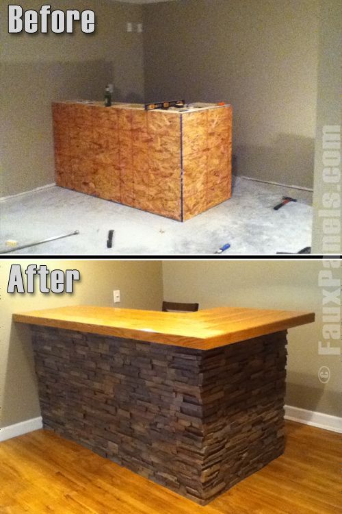 before and after shot of an unfinished kitchen island with wood veneering on the top