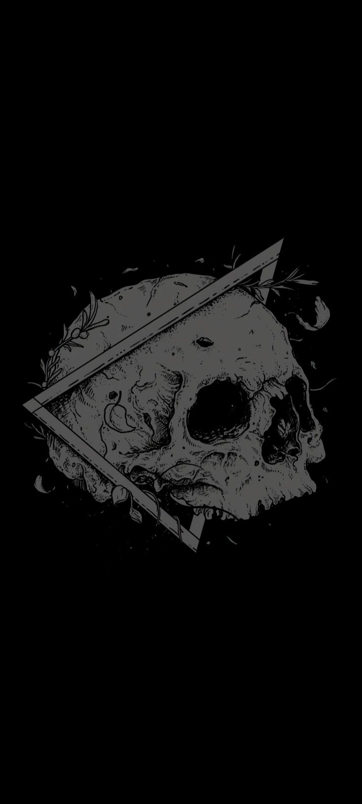 a black and white drawing of a skull with a knife in it's mouth