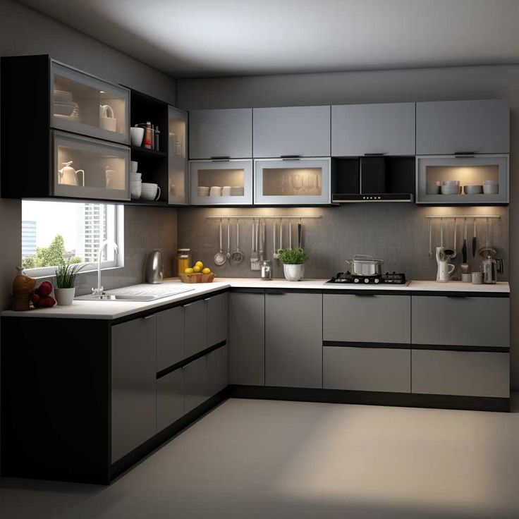 a kitchen with gray cabinets and white counter tops