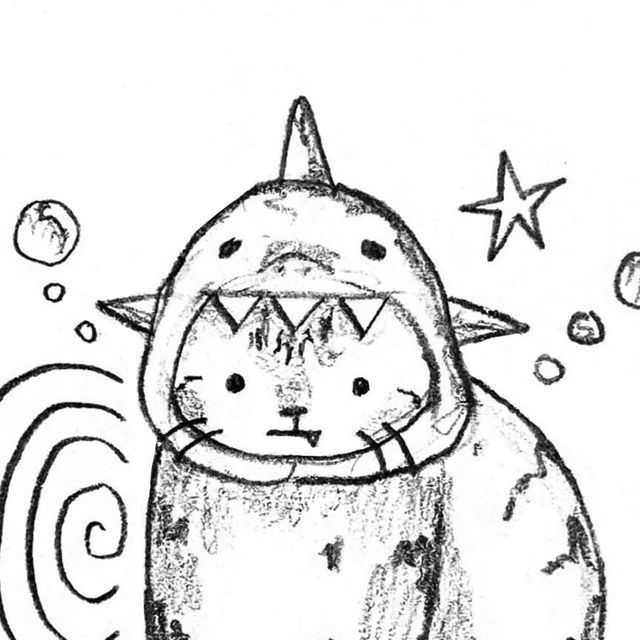 a black and white drawing of a cat with stars on it's head, sitting in