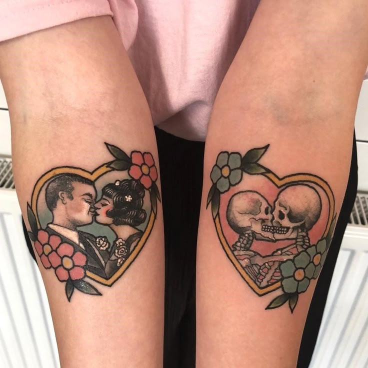 two people with tattoos on their legs, one has a skull and the other has a heart