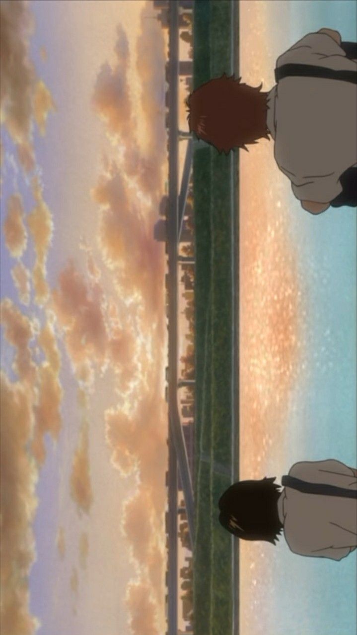 two anime characters standing next to each other in front of a body of water with clouds