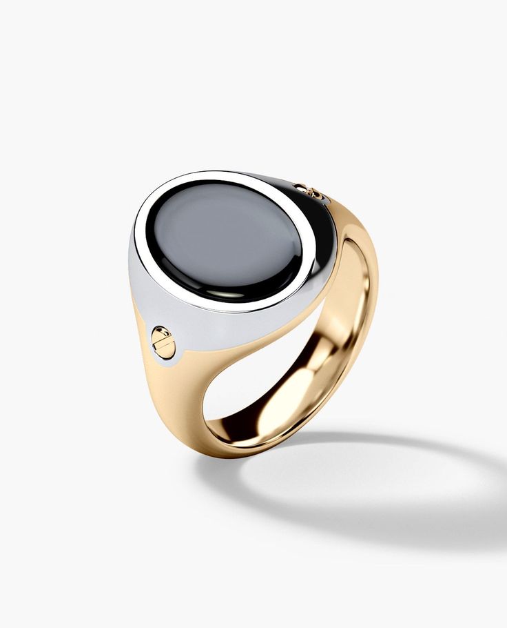 a gold and black ring with an oval stone on the center, set against a white background