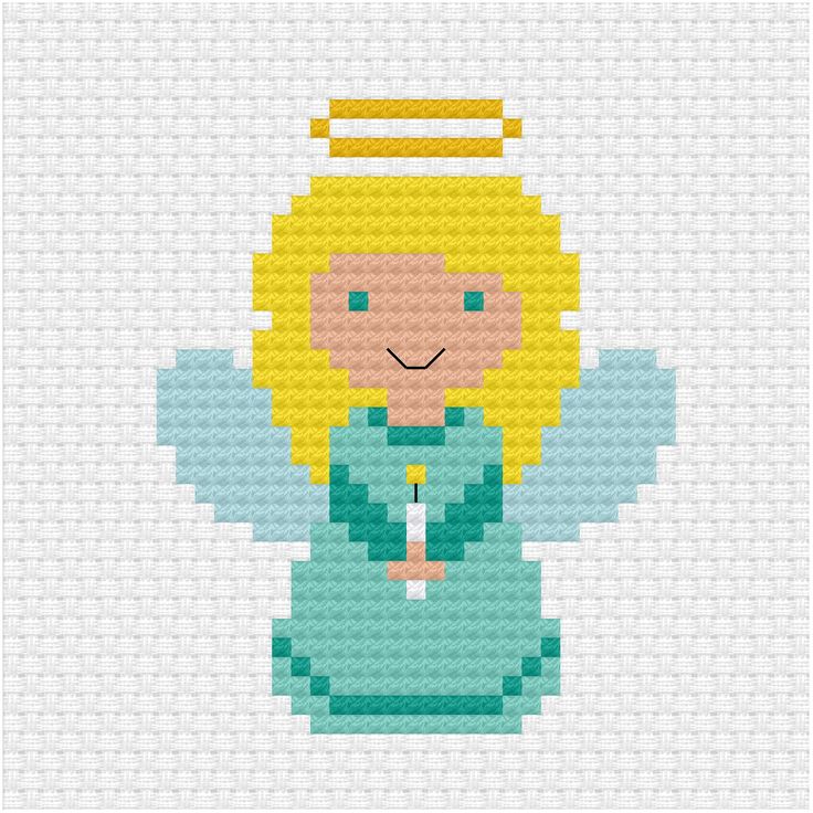 a cross stitch pattern of a blonde haired girl holding a candle in her hands and smiling