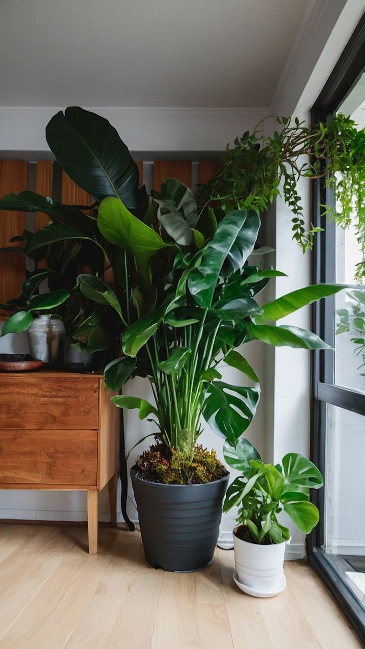 some plants are sitting on the floor in front of a window