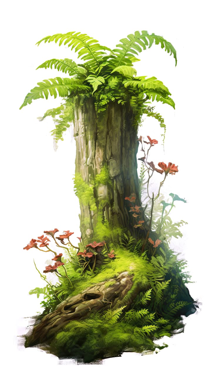 an illustration of a tree stump with plants growing out of it's trunk and leaves on the ground