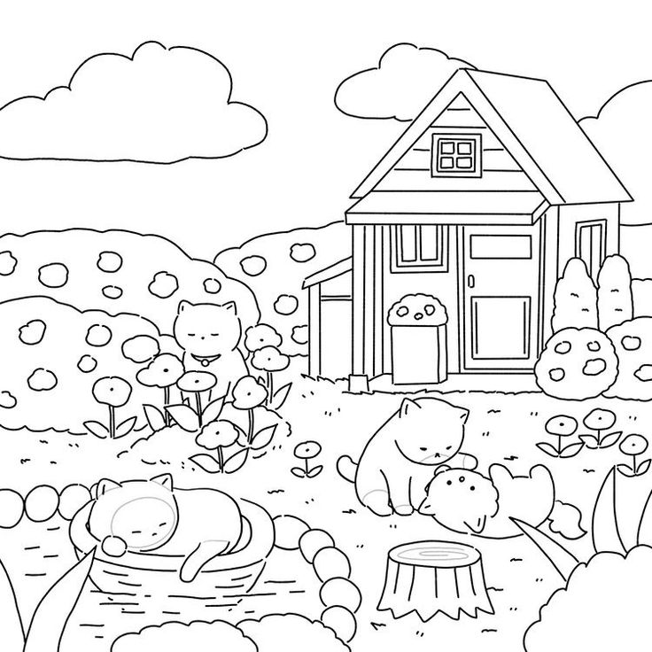 a black and white drawing of some animals in front of a small house with trees