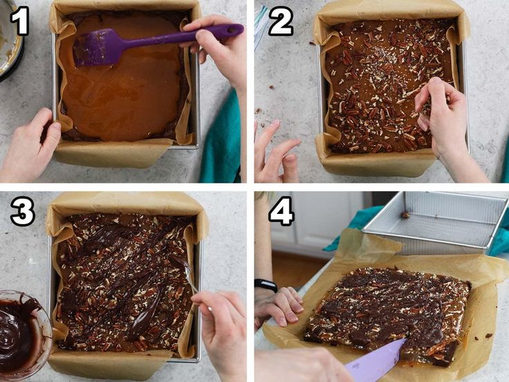 four pictures showing how to make chocolate fudge cake in a pan with the instructions