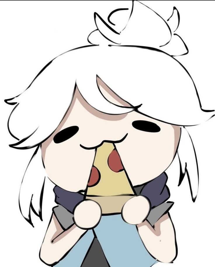 a drawing of a girl holding a piece of pizza in her hands and making a face