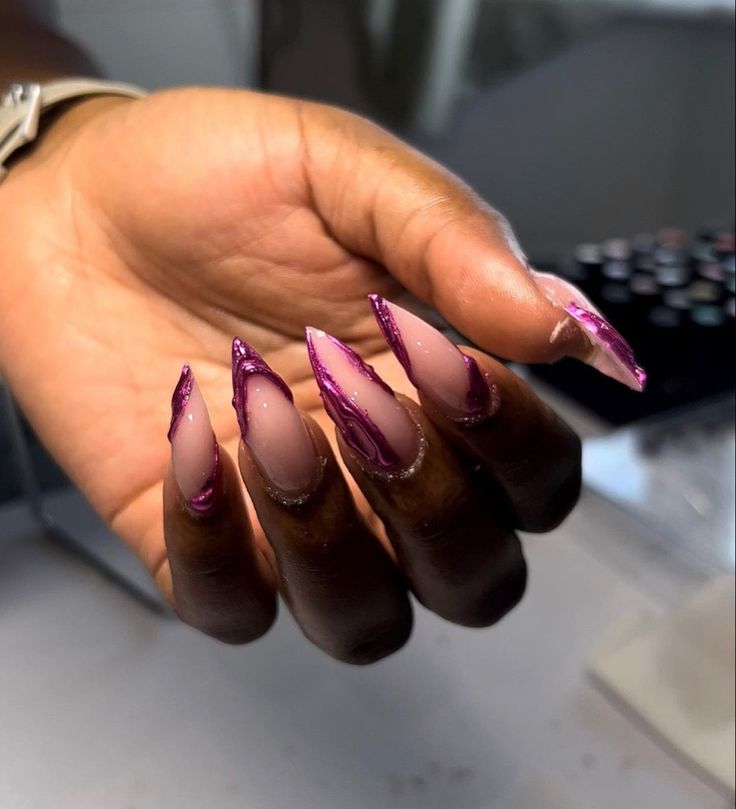 3d Chrome Nails Almond, Chrome Nails Designs Almond, Dark Purple Stiletto Nails, Purple Oval Nails, Almond Purple Nails, Purple Almond Acrylic Nails, Purple Chrome Nails Design, Almond Nails Purple, Purple Nails Almond