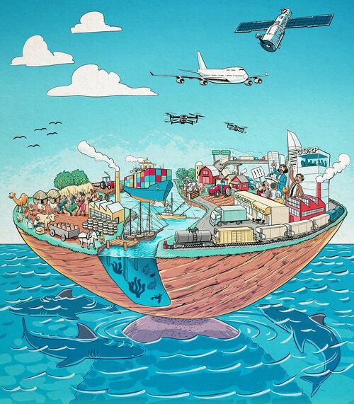 an image of a cartoon boat in the ocean with people on it and planes flying overhead