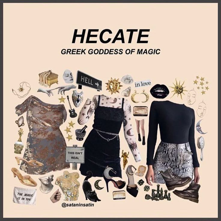 a collage of clothing and accessories with the words hecatee greek goddess of magic