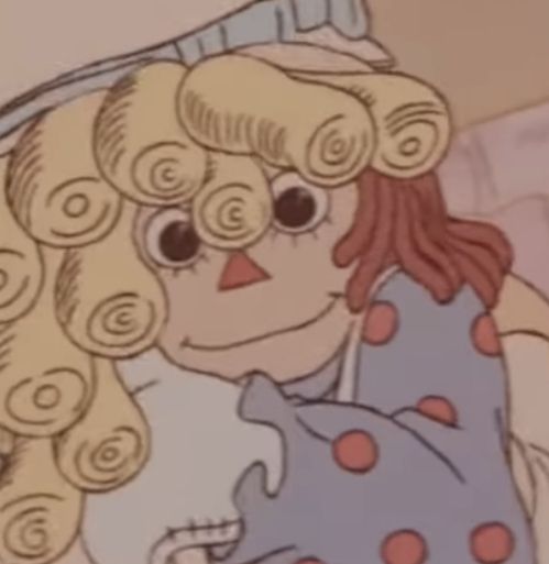 a drawing of a girl with curly hair holding a stuffed animal in her arms and looking at the camera