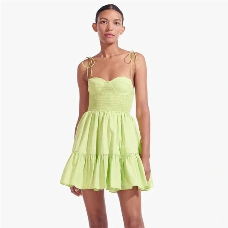 Staud Mini Landry Dress In Lime Spring A-line Ruched Sundress, Chic A-line Mini Dress By Staud, Ruched A-line Mini Sundress, Staud A-line Dresses For Spring, Fitted Green Sundress With Smocked Bodice, Staud Fitted Midi Summer Dress, Green A-line Ruched Dress, Staud Summer Party Mini Dress, Spring A-line Dress With Smocked Bodice