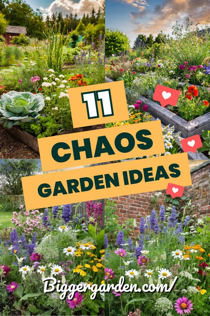 the words 11 chaos garden ideas are overlaid by colorful flowers