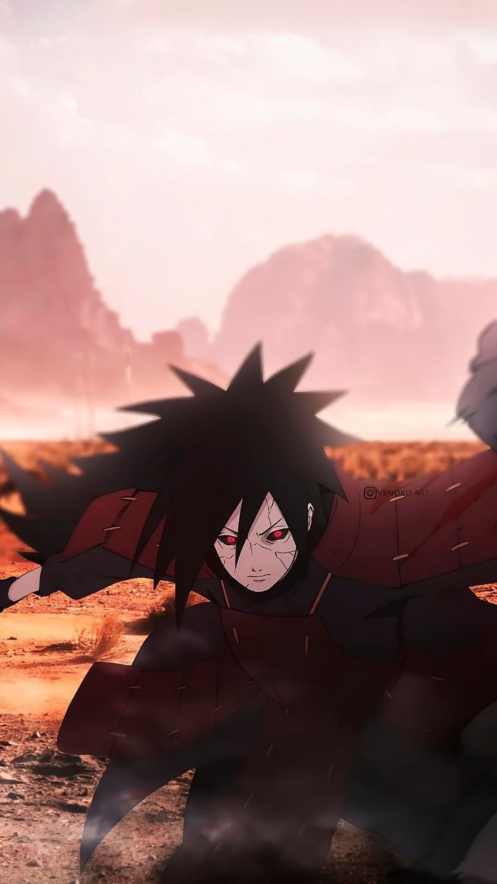 an anime character with black hair and red eyes is in the middle of a desert area