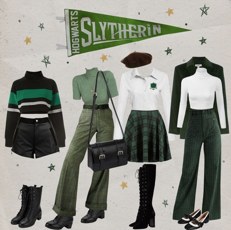 Slithering Aesthetic Clothes, Slytherin Capsule Wardrobe, Slytherin Outfit Inspiration, Slytherin Style Outfits, Hp Outfits Harry Potter, Slytherin Clothing Aesthetic, Hogwarts Aesthetic Outfits Slytherin, Slytherin Outfit Girl, Harry Potter Outfits Slytherin