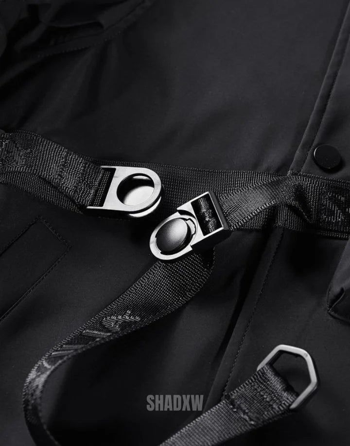 Type: Techwear jacket Design: Techwear, Ninja Techwear, Cyberpunk, Military, Futuristic Ultra-resistant Techwear Jacket: Made with premium materials that are resistant, flexible and lightweight to preserve your mobility while protecting you from rain and wind. Technical clothing: This techwear jacket is equipped with a multitude of storage pockets to easily carry your personal belongings. Breathable materials: This techwear jacket made of polyester, cotton and spandex can be worn all year round. Nylon Outerwear With Storm Flap For Rainy Weather, Functional Black Nylon Outerwear, Black Nylon Windbreaker For Rainy Weather, Techwear Nylon Windbreaker For Rainy Weather, Winter Nylon Windbreaker With Storm Flap, Utility Nylon Windproof Parka, Functional Black Raincoat For Streetwear, Black Waterproof Windbreaker With Adjustable Hood, Black Windbreaker With Adjustable Hood In Waterproof Fabric