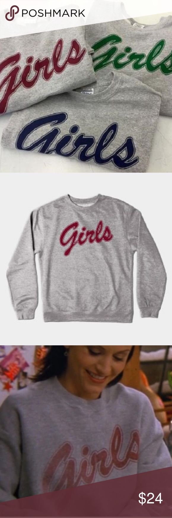 Girls (Friends TV Show Themed) Sweatshirt Adult Sizes: S / M / L / XL / 2X Unisex Sweatshirt  Reduced pilling and softer air-jet spun yarn 1x1 athletic rib-knit collar and cuffs with spandex Double-needle stitched collar, shoulders, armholes, cuffs and waistband DryBlend technology: delivers moisture-wicking properties  Made To Order Other Colors and Sizes Available by Request. T-Shirt Addicts Tops Sweatshirts & Hoodies Red Cotton Tops With Lettering, Red Cotton Top With Lettering, Casual Red Tops With Lettering, School Spirit Crew Tops For Streetwear, Varsity Tops With Text Print, College Style Crew Neck Top With Screen Print, Slogan Crew Neck Top For Fans, Crew Neck Top With Screen Print For College, Screen Printed Crew Neck Tops