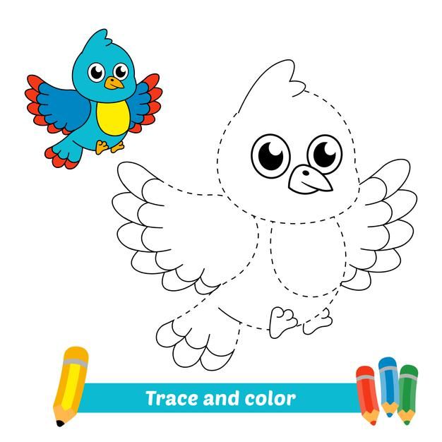 a blue bird with big eyes is flying in the sky coloring book for children stock illustration