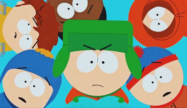 the south park characters from south park are surrounded by their faces in an animated style