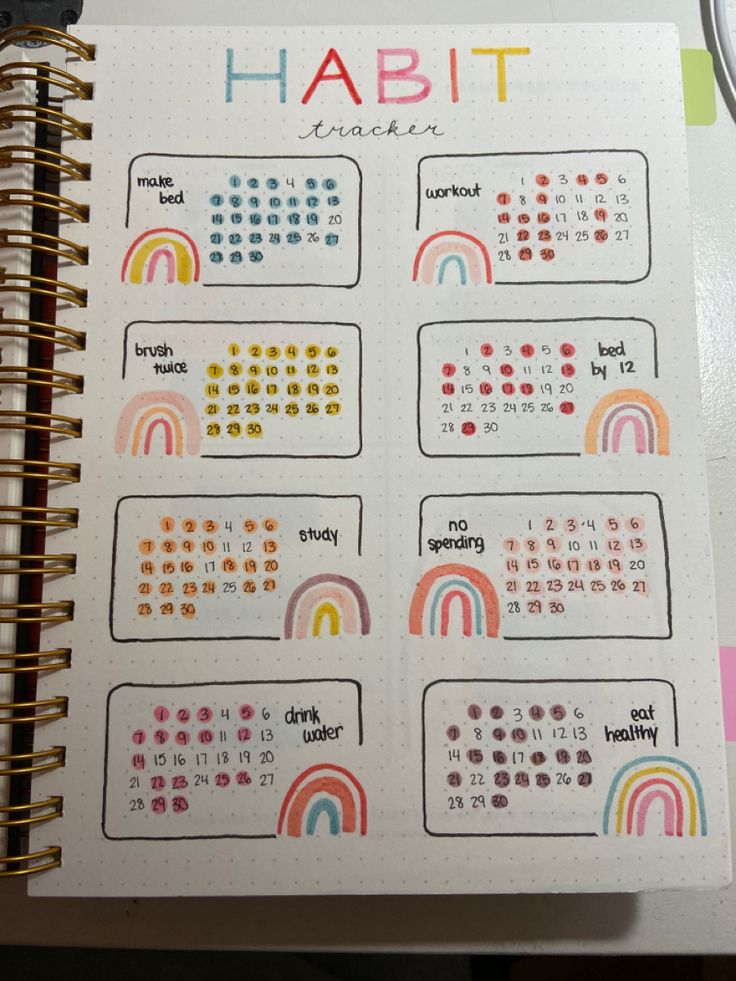 a planner with rainbows on it and the words habit written in different languages next to a calculator