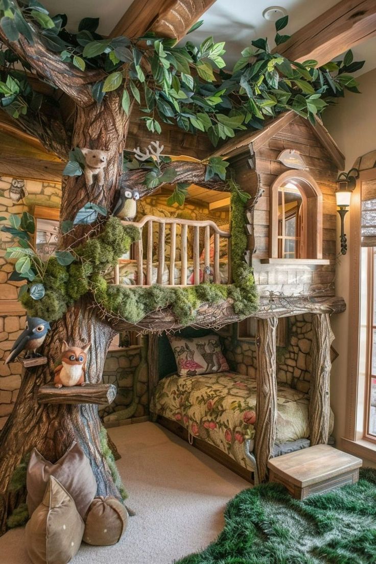 a bedroom with a tree house bed in it