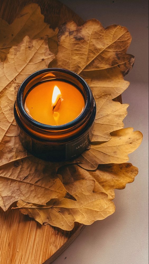 a lit candle sitting on top of a leaf covered table next to a wooden tray