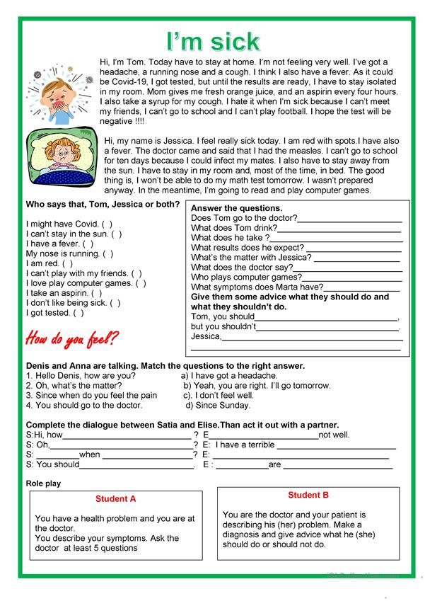 the worksheet for i'm sick is shown with an image of a person on