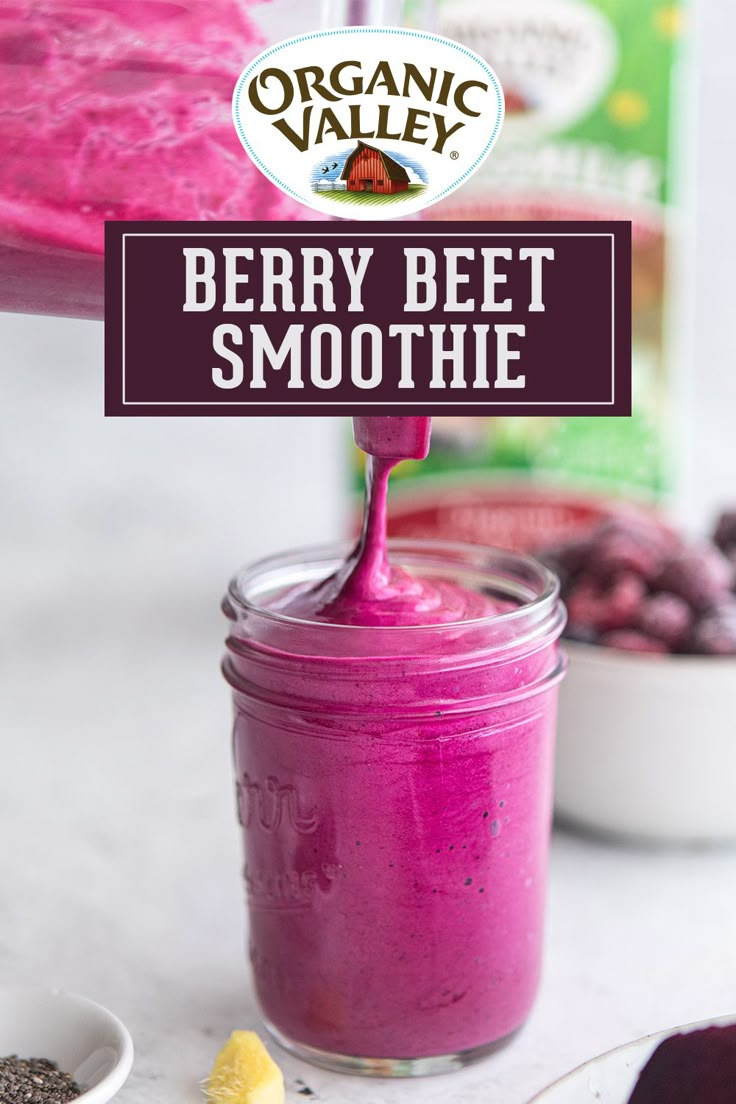 berry beet smoothie in a mason jar with the text organic valley berry beet smoothie