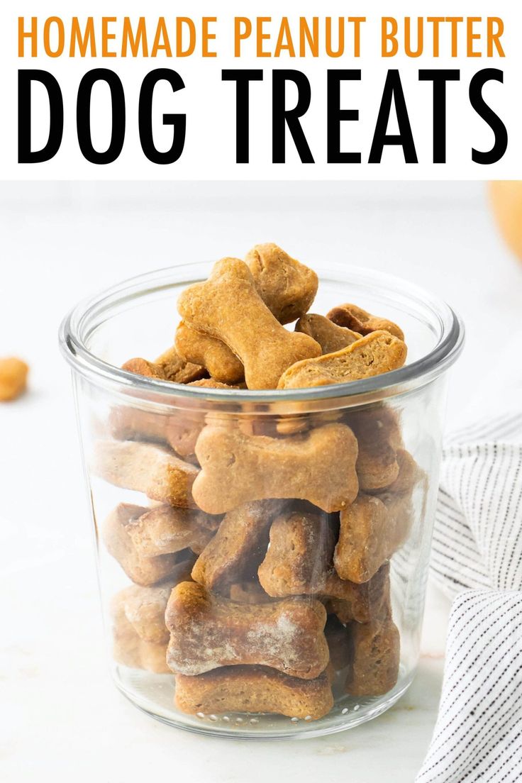 homemade peanut butter dog treats in a glass bowl with the title text overlay reads homemade peanut butter dog treats