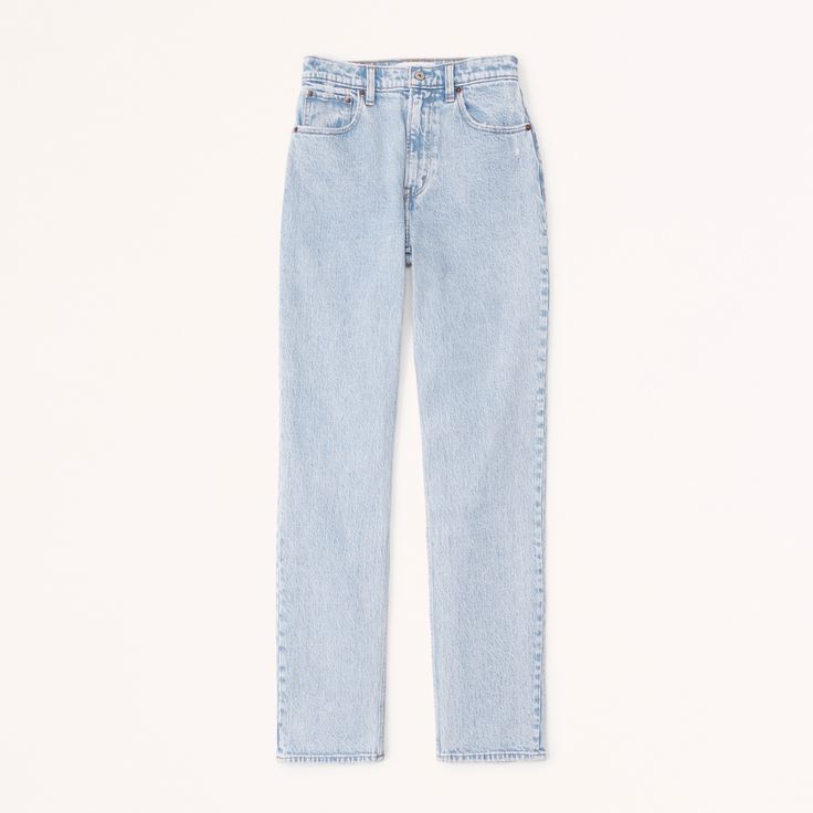 Our 90's-style ultra high rise straight jeans with built-in stretch for superior comfort featuring our highest rise that sits at your natural waist and looks great with your shirt tucked or untucked. With refined details and a vintage feel from top to bottom, this style features a longer-length inseam, light wash and distressed hem. Everyday Light Wash Mom Fit Bottoms, Classic High Waist Mom Jeans, Classic Everyday Mom Fit Bottoms, Classic Mom Fit Bottoms For Everyday, Straight Bottoms For Everyday Summer Wear, Rigid Denim Mom Fit Bottoms With Straight Hem, Classic Mom Fit Straight Bottoms, Summer Mom Fit Jeans With Straight Hem, Straight Fit Jeans For Everyday Summer Wear