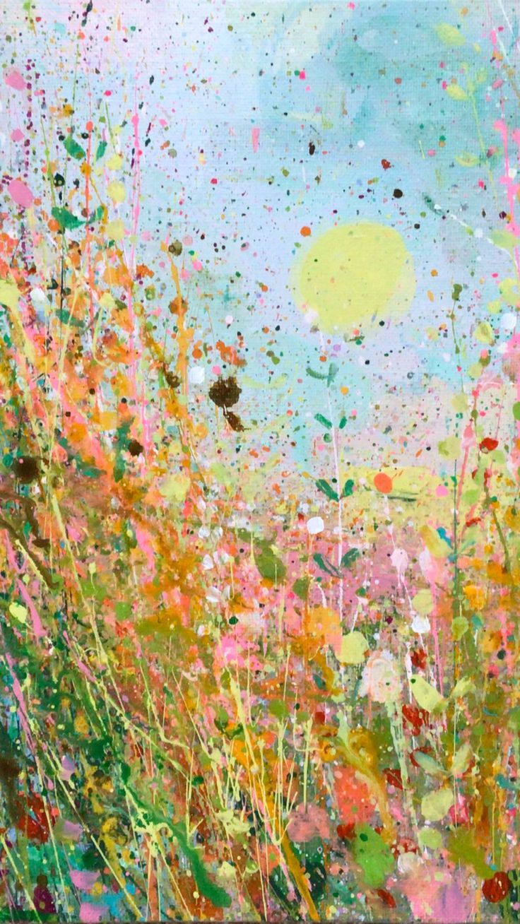 Vibrant color and layers of paint mimic wildflowers and bring a sunny day to life. Abstract Spring Painting, Splatter Painting Ideas, Blow Painting Art, Splatter Paint Canvas, Colourful Canvas, Paint Splatter Art, Splatter Painting, Painting Expressionism, Bright Artwork