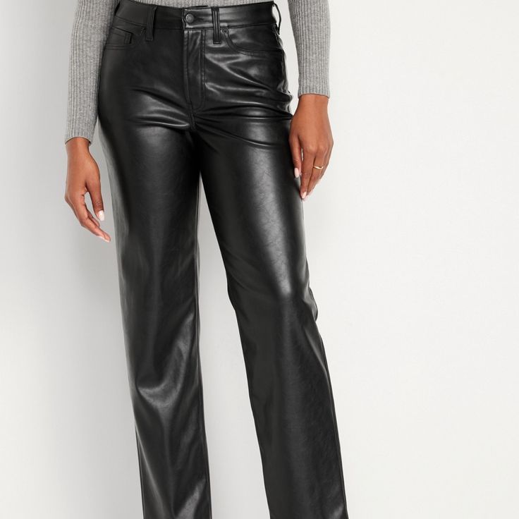 Leather Pants From Old Navy. Size 8 Regular. Still Have The Tag. They Are So Soft And Comfortable!! Never Worn. Smoke Free House. High Waist Leather Bottoms With Faux Front Pockets, Black Bottoms With Zip Fly For Fall, Fitted Faux Leather Bottoms With Faux Front Pockets, High Waist Straight Fit Bottoms With Belt Loops, High Rise Bottoms With Belt Loops For Fall, Wide Leg Faux Leather Pants With Belt Loops, Fall Straight Leg Bottoms With Button Zip Fly, Black Mid-rise Pants With Button Zip Fly, High Rise Straight Fit Pants With Belt Loops