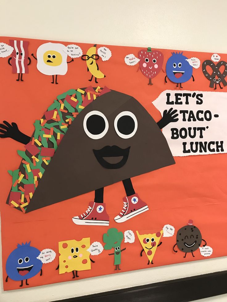 a bulletin board with an image of a taco - bout and other food items