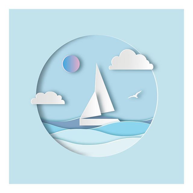 a paper cut sailboat floating in the ocean