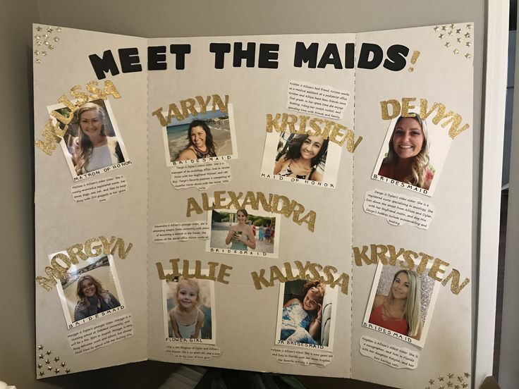 a bulletin board with pictures of women in gold letters and the words meet the maids written on it