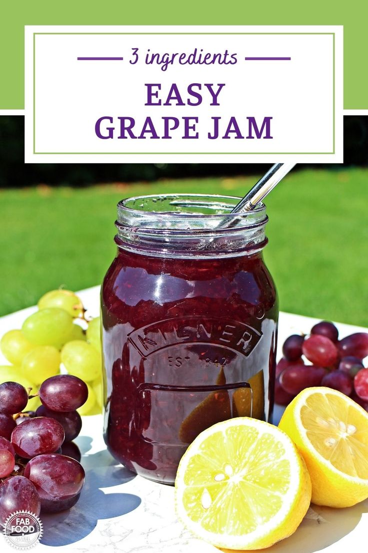 grape jam with lemons and grapes on a table in front of the words 3 ingredients easy grape jam