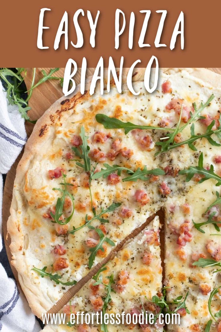 an easy pizza with cheese, ham and herbs is shown on a cutting board in front of the words easy pizza bianco