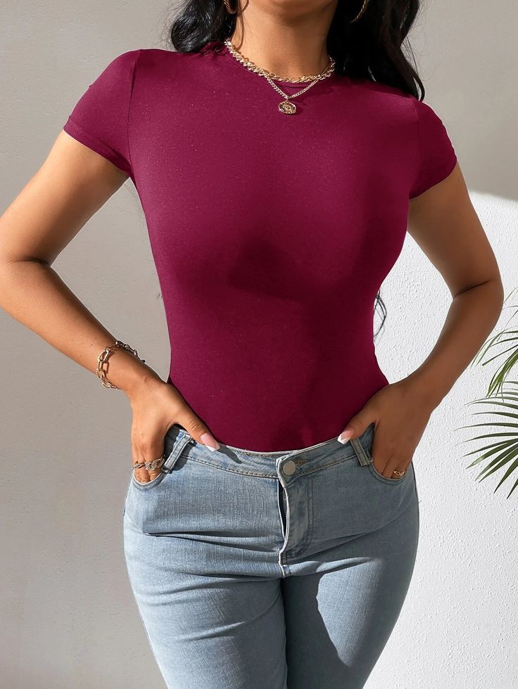 Introducing our Short Sleeve Slim Fit Bodysuit, the perfect addition to your wardrobe. Made from a soft and stretchy fabric, this bodysuit comes in four different colors. Featuring a classic round neckline and short sleeves, this bodysuit is perfect for any occasion. The solid pattern adds a touch of simplicity, making it easy to pair with your favorite pants, shorts, or skirts. Features: Style: Casual Pattern Type: Plain Type: Tee Neckline: Round Neck Sleeve Length: Short Sleeve Sleeve Type: Re Comfy Jumpsuits, Platform Heels Boots, Black And White Baby, Chunky Heel Pumps, Checker Print, Black Hot Pink, Platform Heels Chunky, Black Bodysuit, Solid Pattern