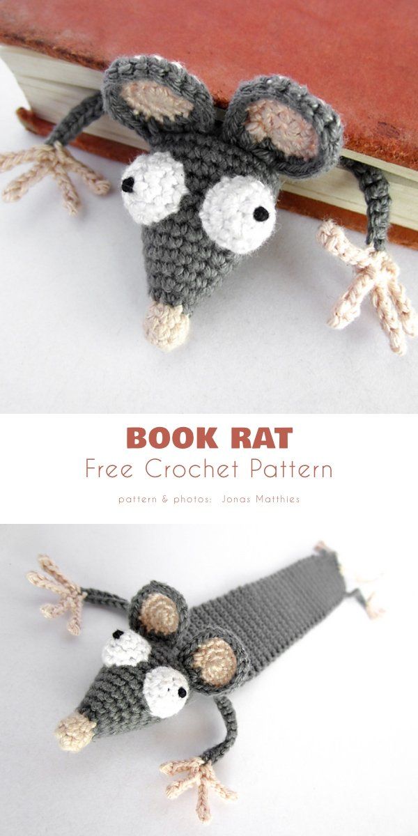 two crocheted mice sitting next to each other on top of a book cover