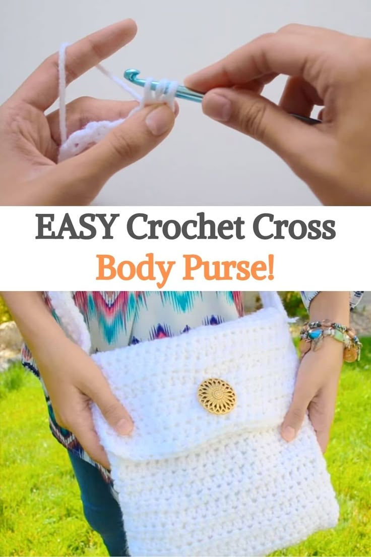 two hands holding a crochet purse with the words easy crochet cross body purse