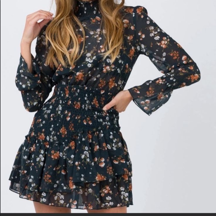 New With Tags Chic Floral Print Mini Dress For Fall, Black Floral Print Dress For Fall, Fall Floral Mini Dress With Ruffles, Floral Print Dress For Fall Date Night, Floral Print Dress For Date Night In Fall, Chic Floral Dress For Fall Date Night, Chic Floral Dress For Date Night In Fall, Flowy Black Dress For Fall, Fall Floral Dress For Brunch