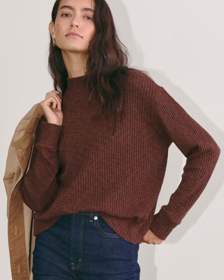 The Cozy Rib Funnel-Neck Dark Mahogany – Everlane Ribbed Cropped Sweater In Relaxed Fit For Fall, Ribbed Relaxed Fit Cropped Sweater For Fall, Ribbed Cropped Sweater For Fall Workwear, Fall Ribbed Cropped Sweater For Work, Oversized Ribbed Cropped Sweater For Layering, Oversized Ribbed Cropped Sweater For Fall, Oversized Ribbed Brown Top, Fall Cropped Sweater With Ribbed Neckline, Boxy Long Sleeve Tops For Fall