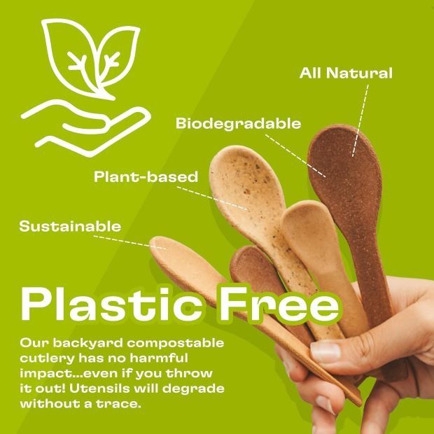 wooden spoons and spatulas with text describing how they are used for plastic free